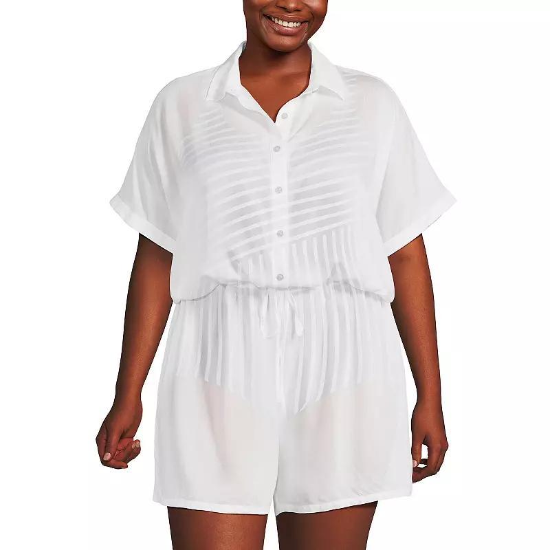 Plus Size Lands End Relaxed Short Sleeve Button Front Swim Cover-Up Romper, Womens Deep Blue Product Image