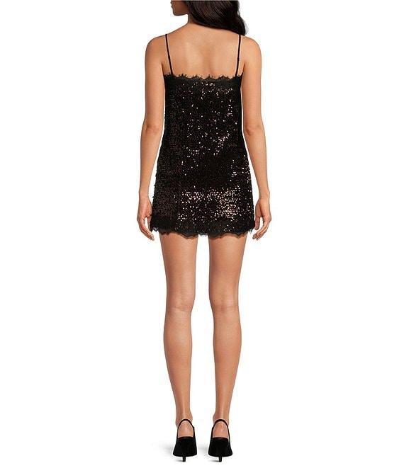 Gianni Bini x Lilly Sisto Tinsley Sequin Lace Trim Square Neck Spaghetti Strap Slip Mini Dress Product Image