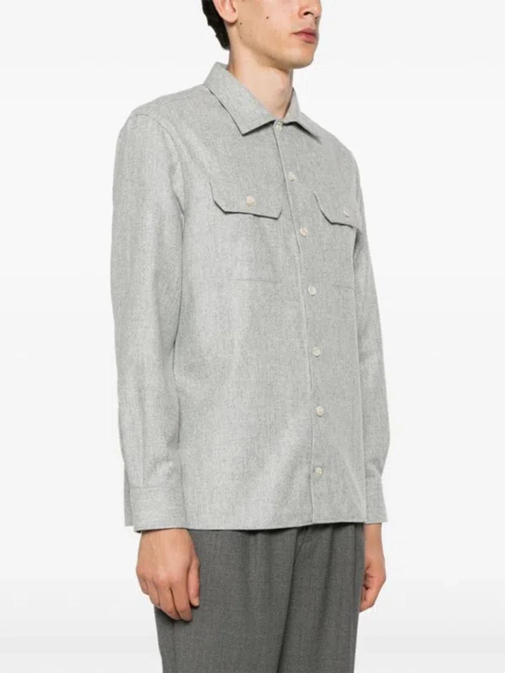 BRUNELLO CUCINELLI Wool Flannel Overshirt In Gris Claro Product Image