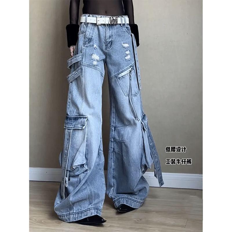 Mid Waist Distressed Washed Pocket Detail Wide Leg Jeans Product Image