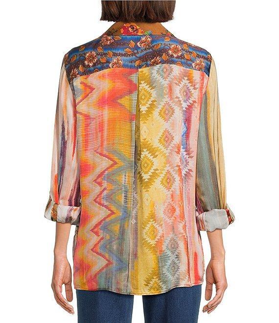 John Mark Petite Size Mixed Multi Print Point Collar Long Roll-Tab Sleeves Button Front Tunic Product Image