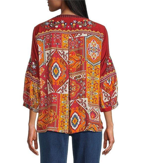 John Mark Embroidered Multi Patch Split V-Neck 3/4 Sleeve Hi-Low Hem Tunic Product Image
