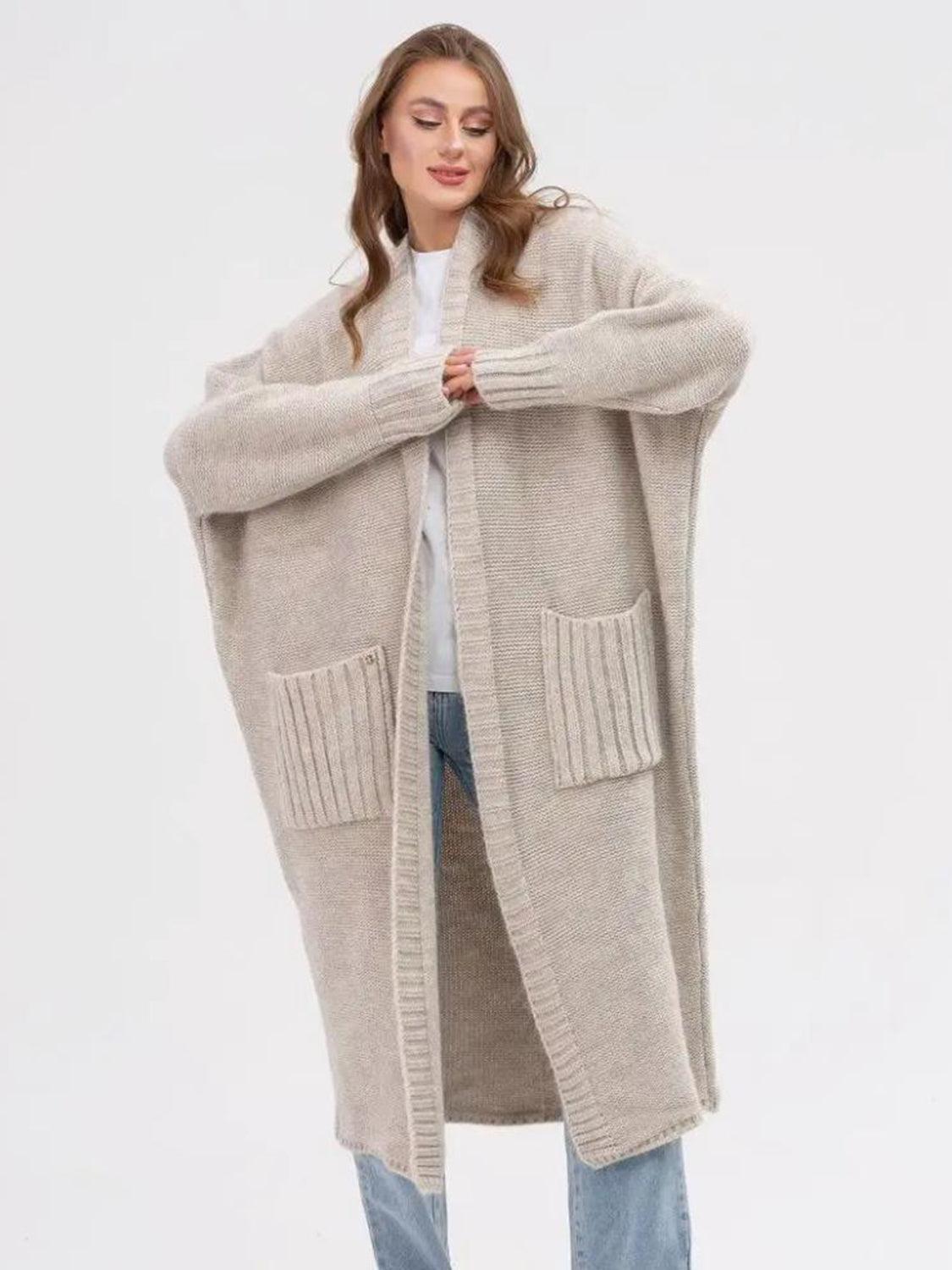 Pocketed Open Front Long Sleeve Longline Cardigan Product Image