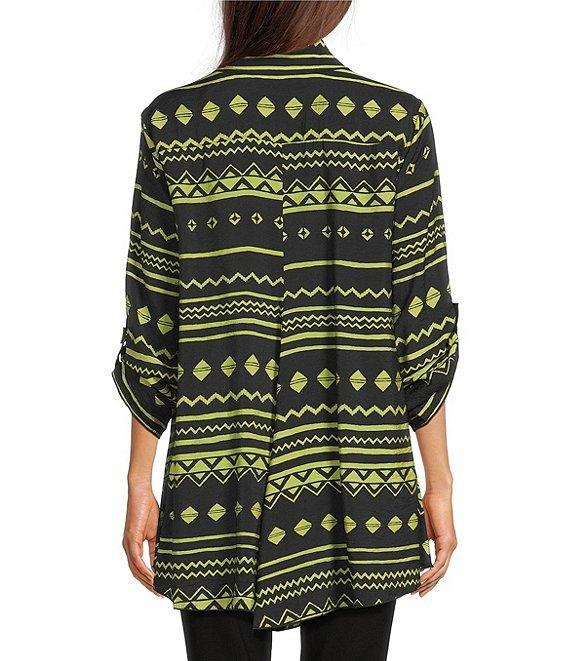 Ali Miles Woven Zig-Zag Harmony Print Point Collar 3/4 Roll-Tab Sleeve Asymmetric Hem Button Front Tunic Product Image