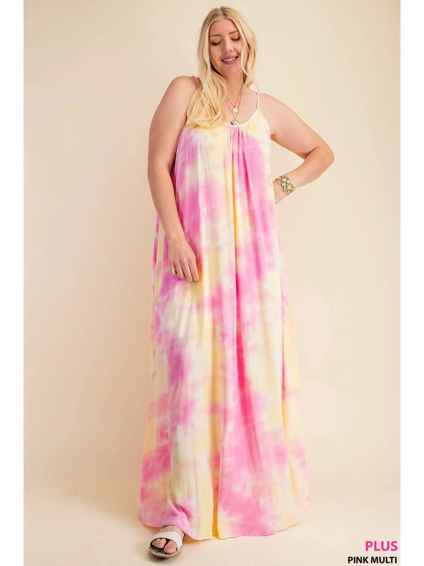 Pink and Yellow Soft Tie-Dye Fabrication Strappy Maxi Dress Female Product Image