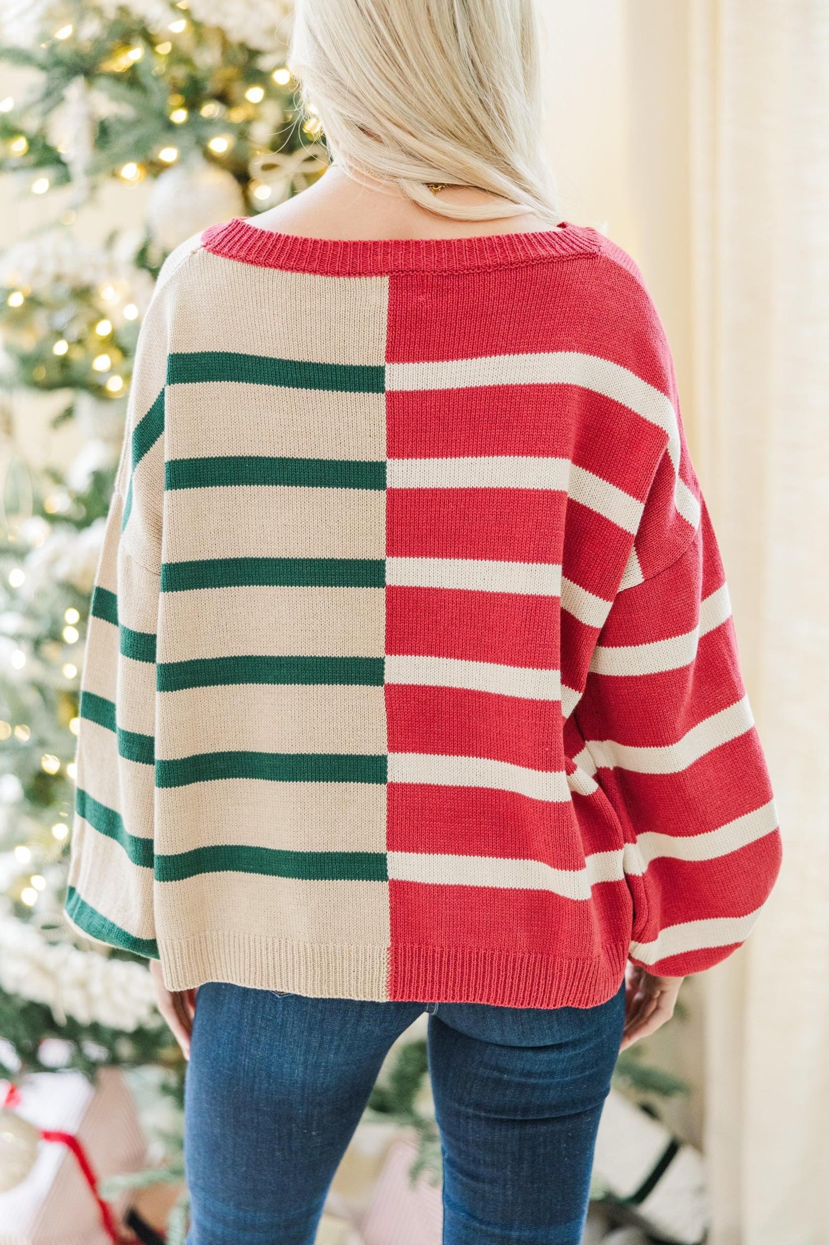 Ready For Anything Red/Green Striped Colorblock Sweater Female Product Image