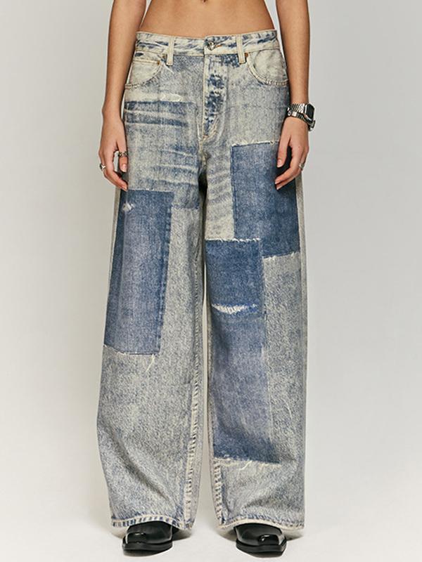Retro Distressed Patchwork Printed Jeans Product Image