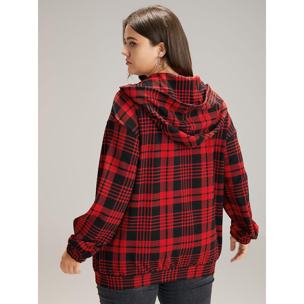 Plus Size Plaid Zipper Hooded Jacket Women Raspberry Elastic cuffs Everyday Jackets BloomChic 12/L Product Image