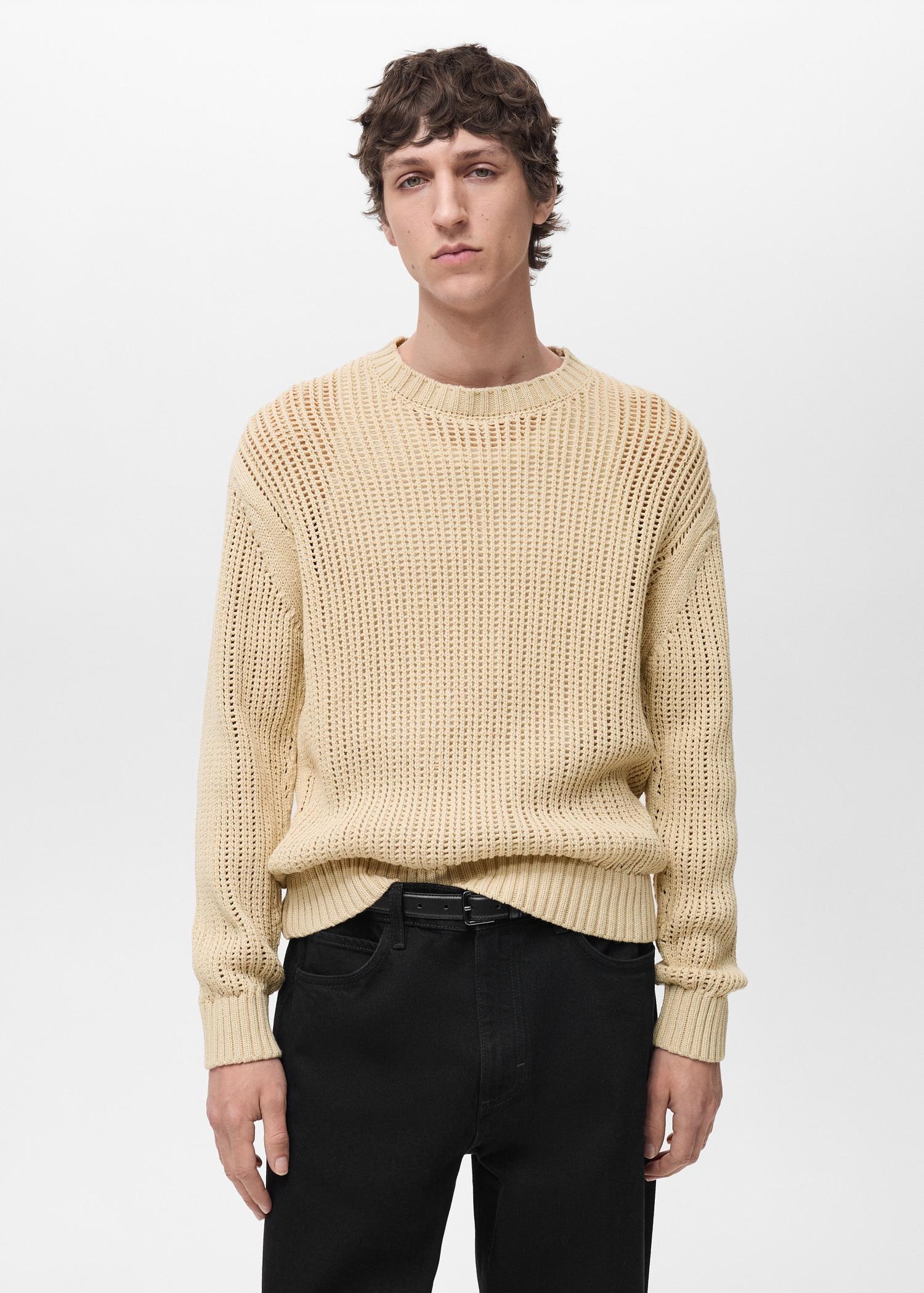 100% cotton openwork knitted sweater - Men | MANGO USA Product Image