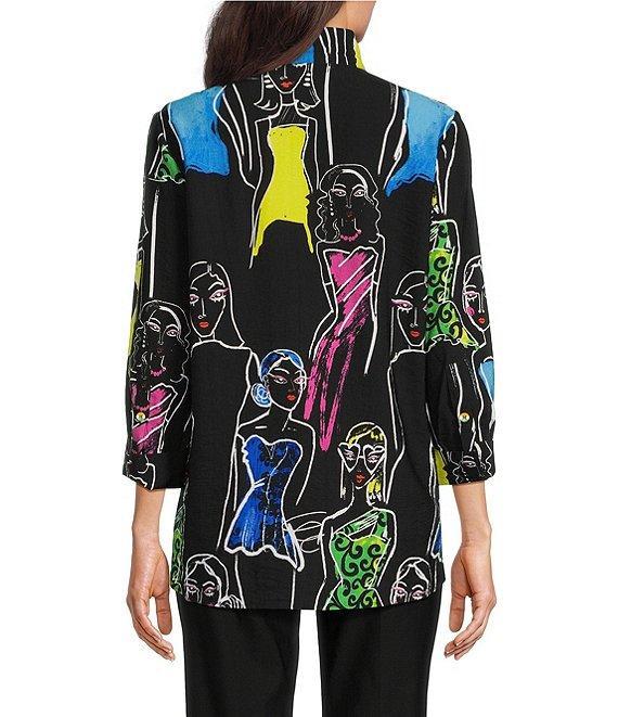 Ali Miles Printed Faces Wire Collar 3/4 Sleeve Button-Front Tunic Product Image
