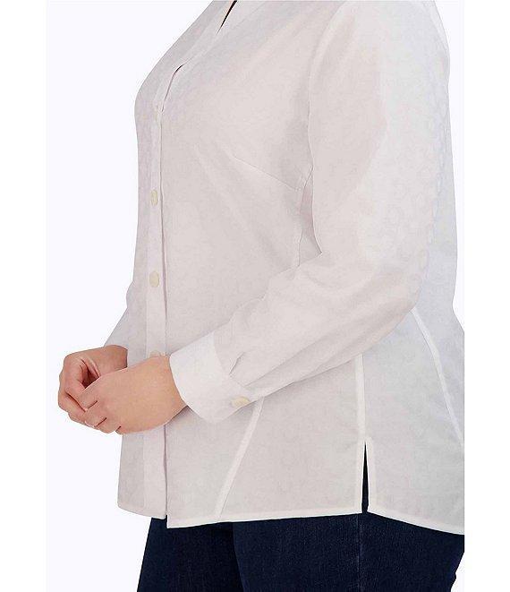 Foxcroft Plus Size Paityn Jacquard Point Collar Long Sleeve Shirttail Hem Button Front Shirt Product Image