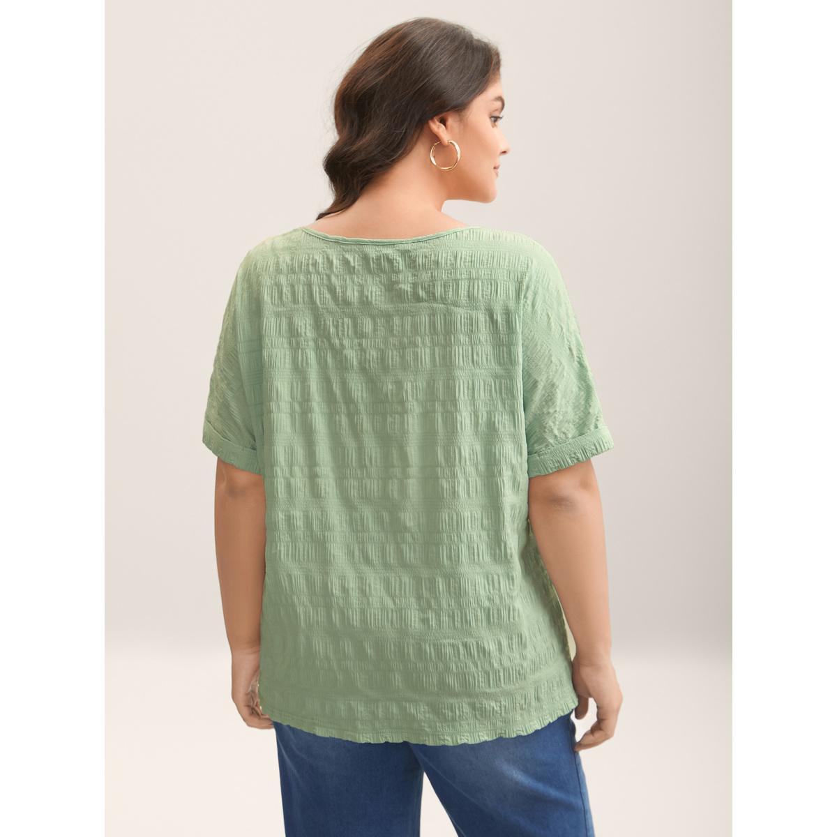 Plus Size Textured Pleated Front Button T-Shirt Greenbean Women Texture Flat collar with V-notch Everyday-Casual T-shirts BloomChic 14-16/1X Product Image