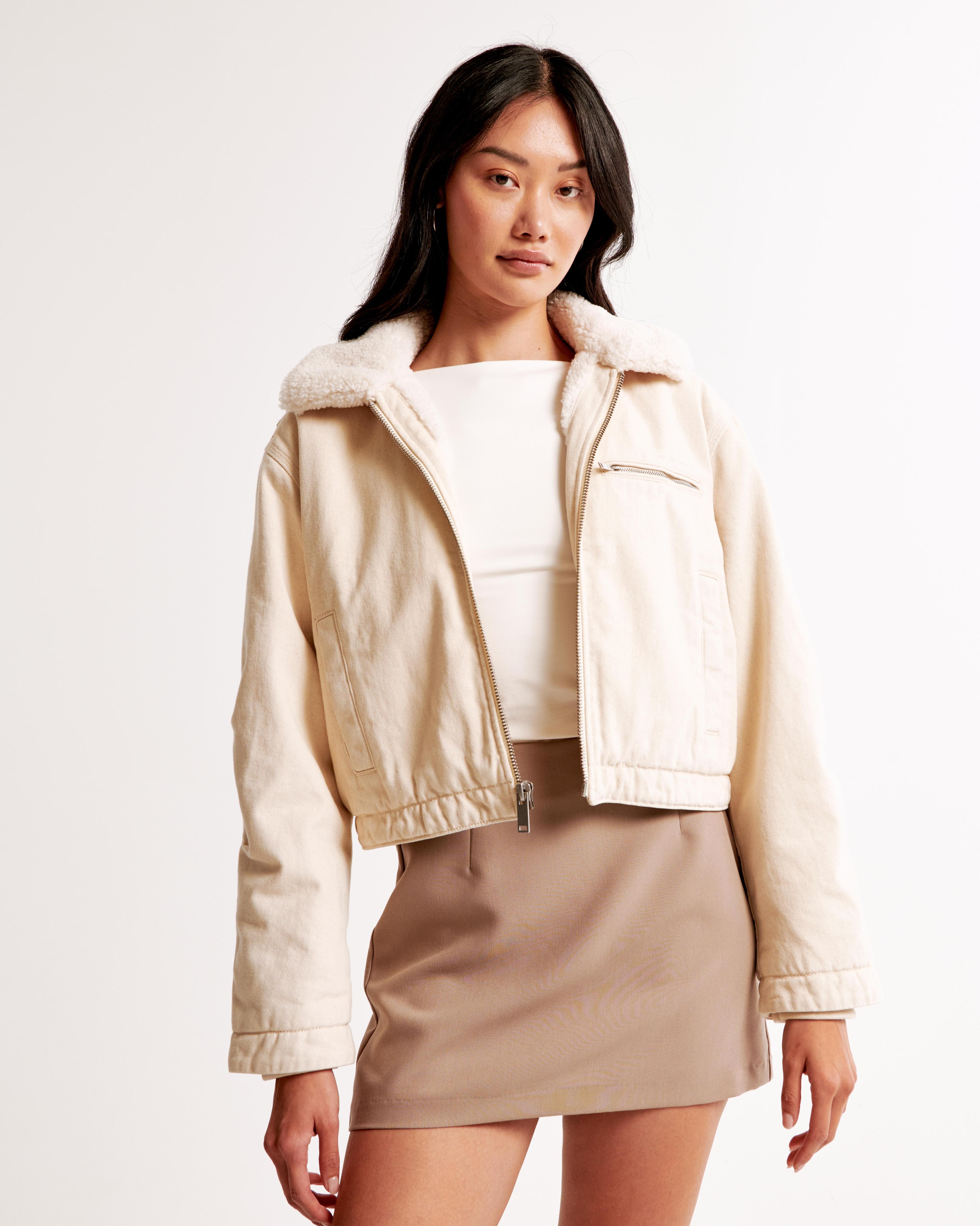 Sherpa-Lined Cropped Twill Workwear Jacket Product Image