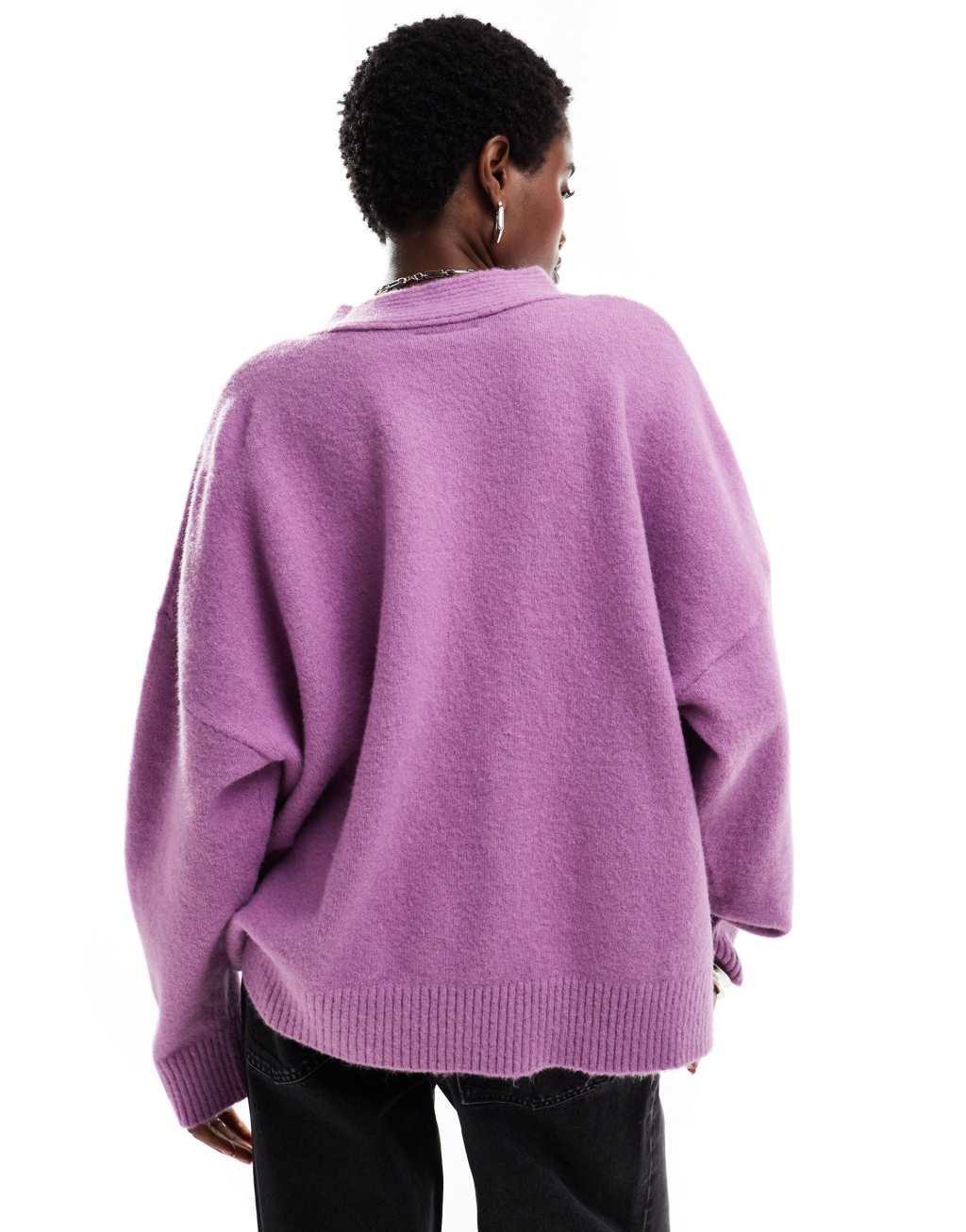 Monki knit button front oversized cardigan in lilac Product Image