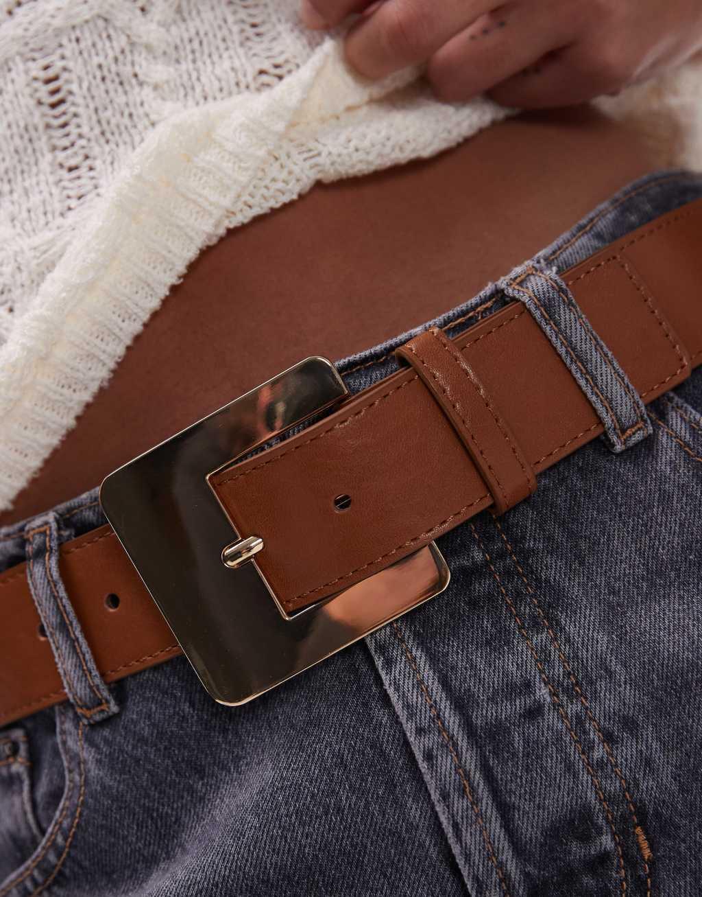 Mango large square buckle leather belt in brown Product Image