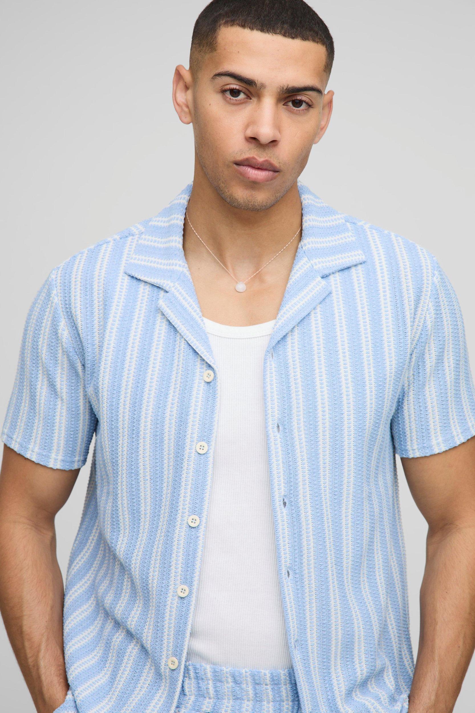 Regular Fit Textured Stripe Revere Collar Jersey Shirt and Shorts Set | boohooMAN USA Product Image