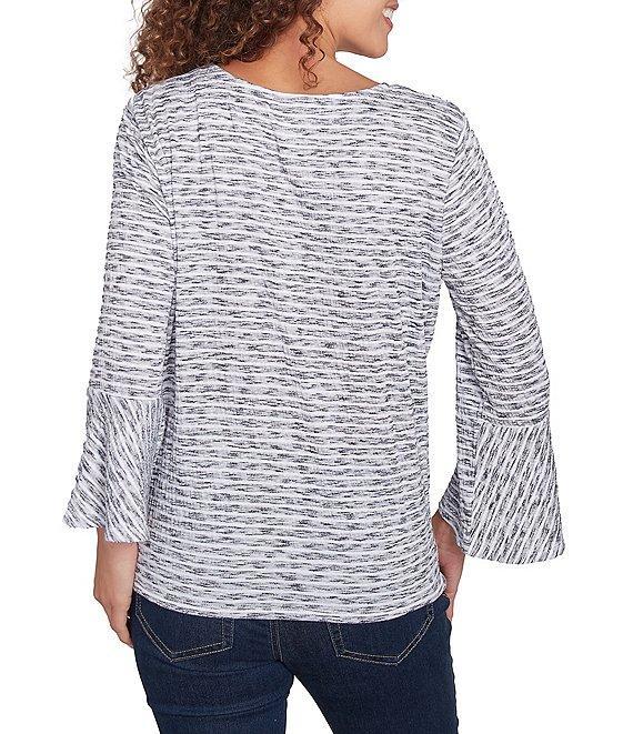 Ruby Rd. Puckered Knit Stripe V-Neck 3/4 Sleeve Tie-Front Top Product Image