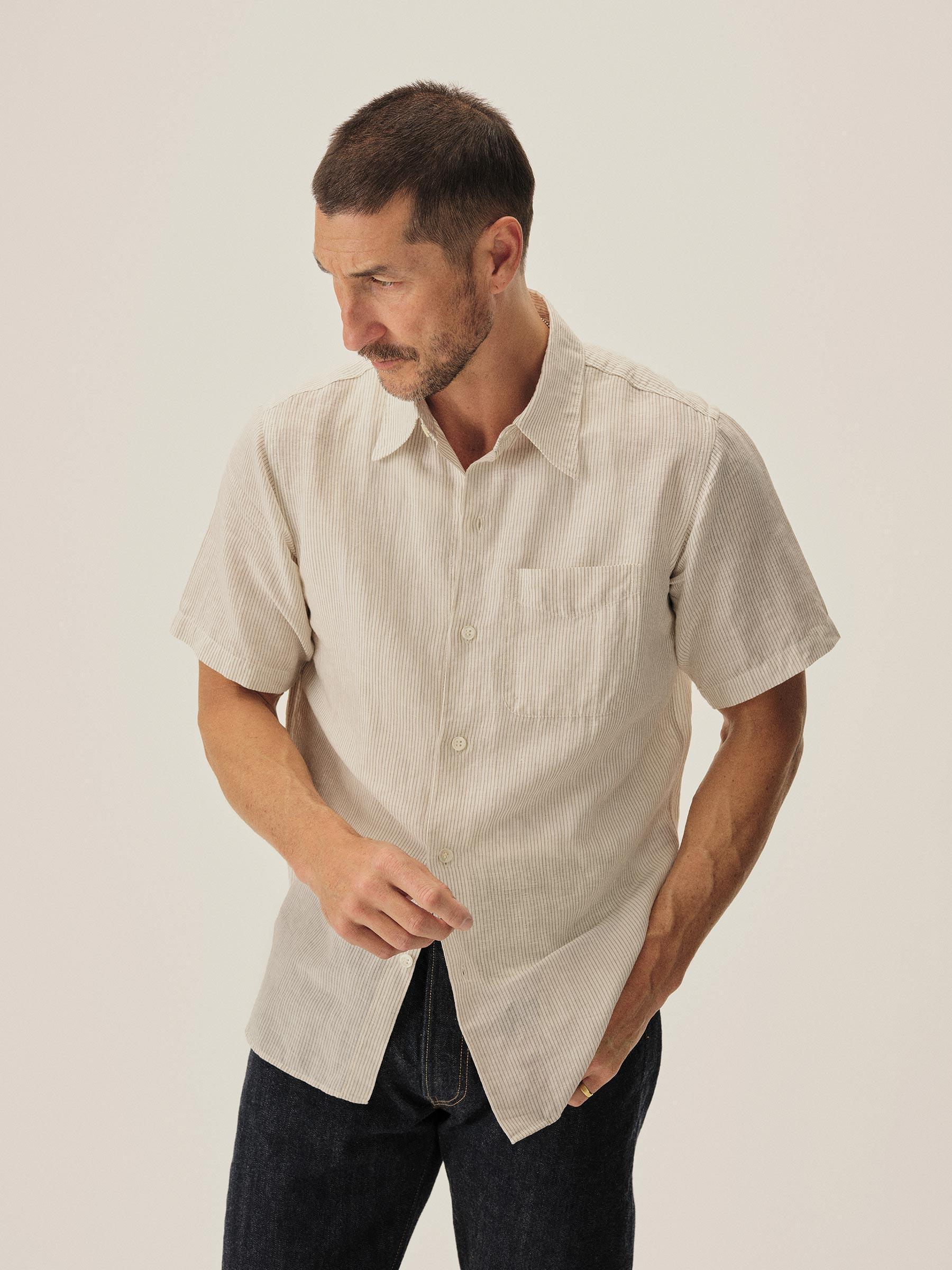 Natural/Khaki Stripe Breeze Cotton Linen S/S Shirt Product Image