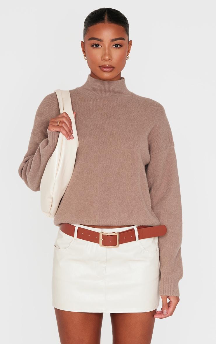 Light Mocha Soft Knit High Neck Oversized Sweater Product Image