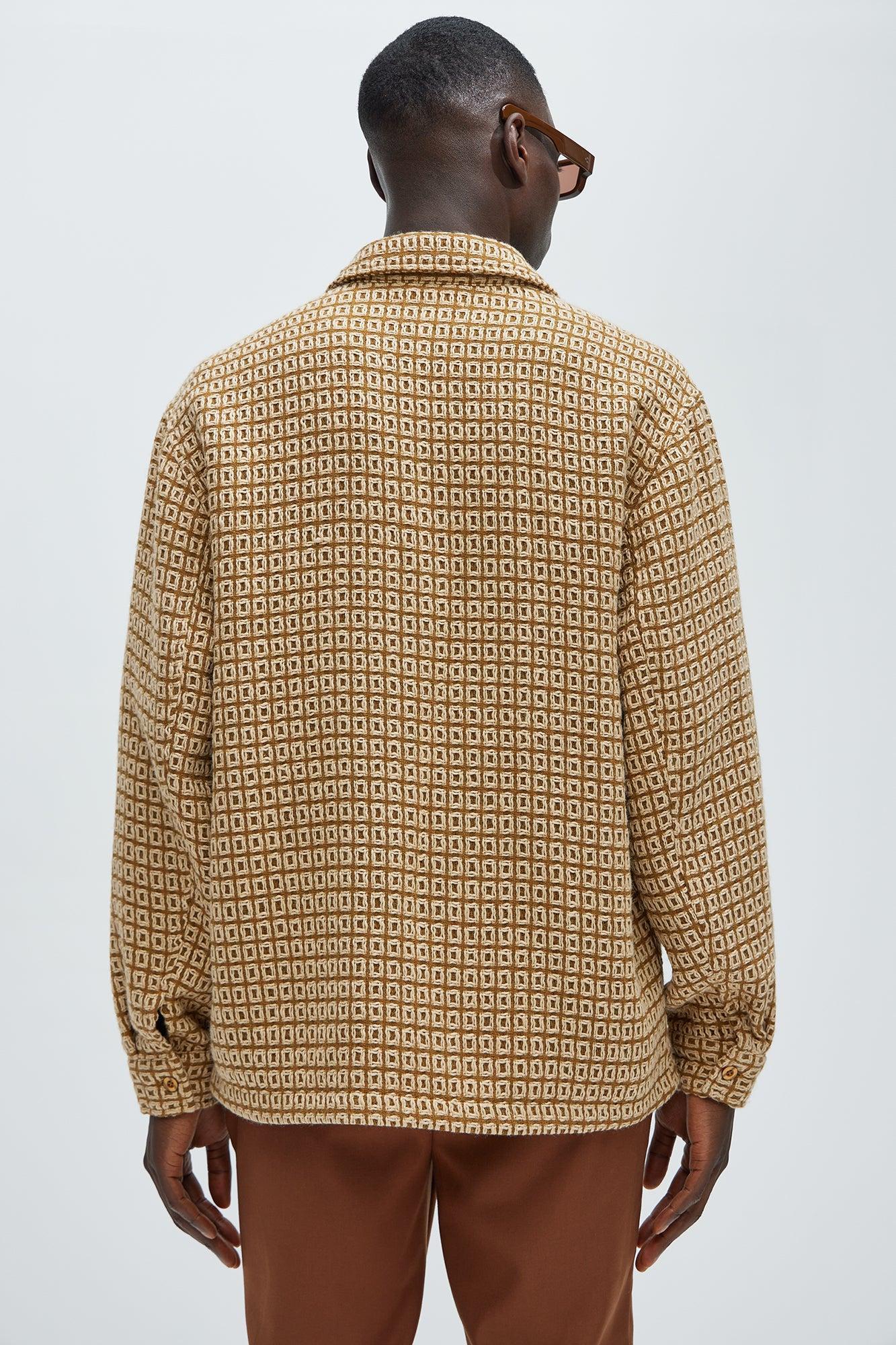 Oversized Island Textured Button Up Shirt - Brown Combo Product Image