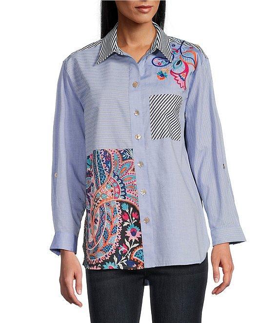John Mark Embroidered Stripe Point Collar Long Roll-Tab Sleeve Button-Front Tunic Product Image