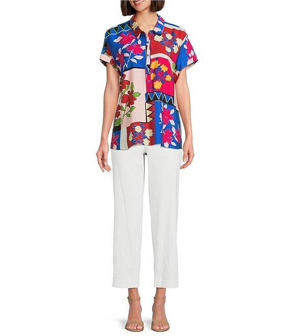 Investments Petite Size Woven Stamp Patch Short Sleeve Point Collar Partial Button Front Top Product Image