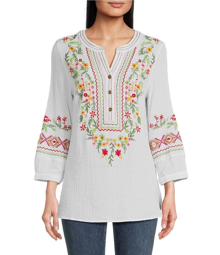 Calessa Embroidered Patchwork Split V-Neck 3/4 Sleeve Tunic Product Image