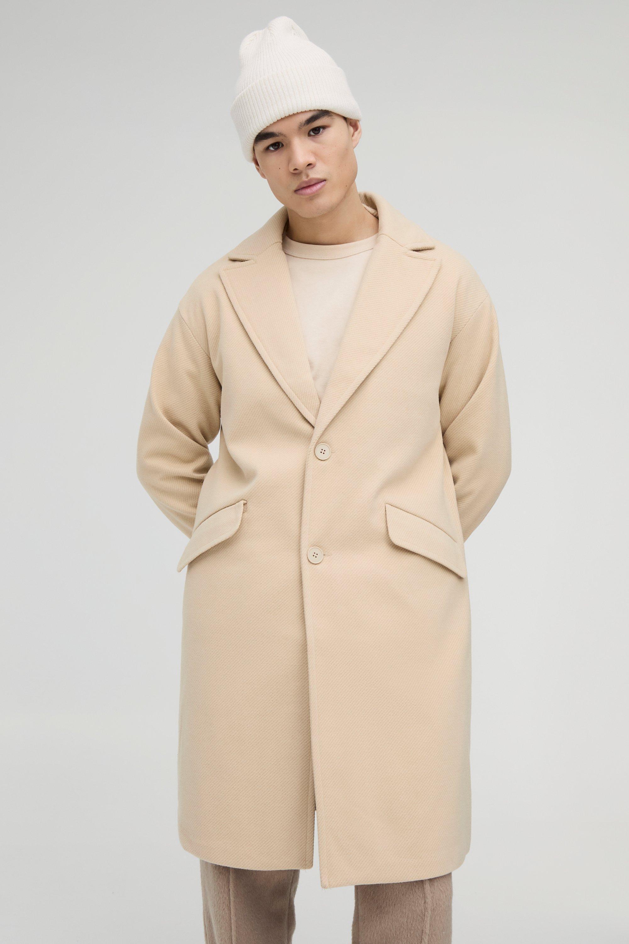 Single Breasted Overcoat In Sand | boohooMAN USA Product Image