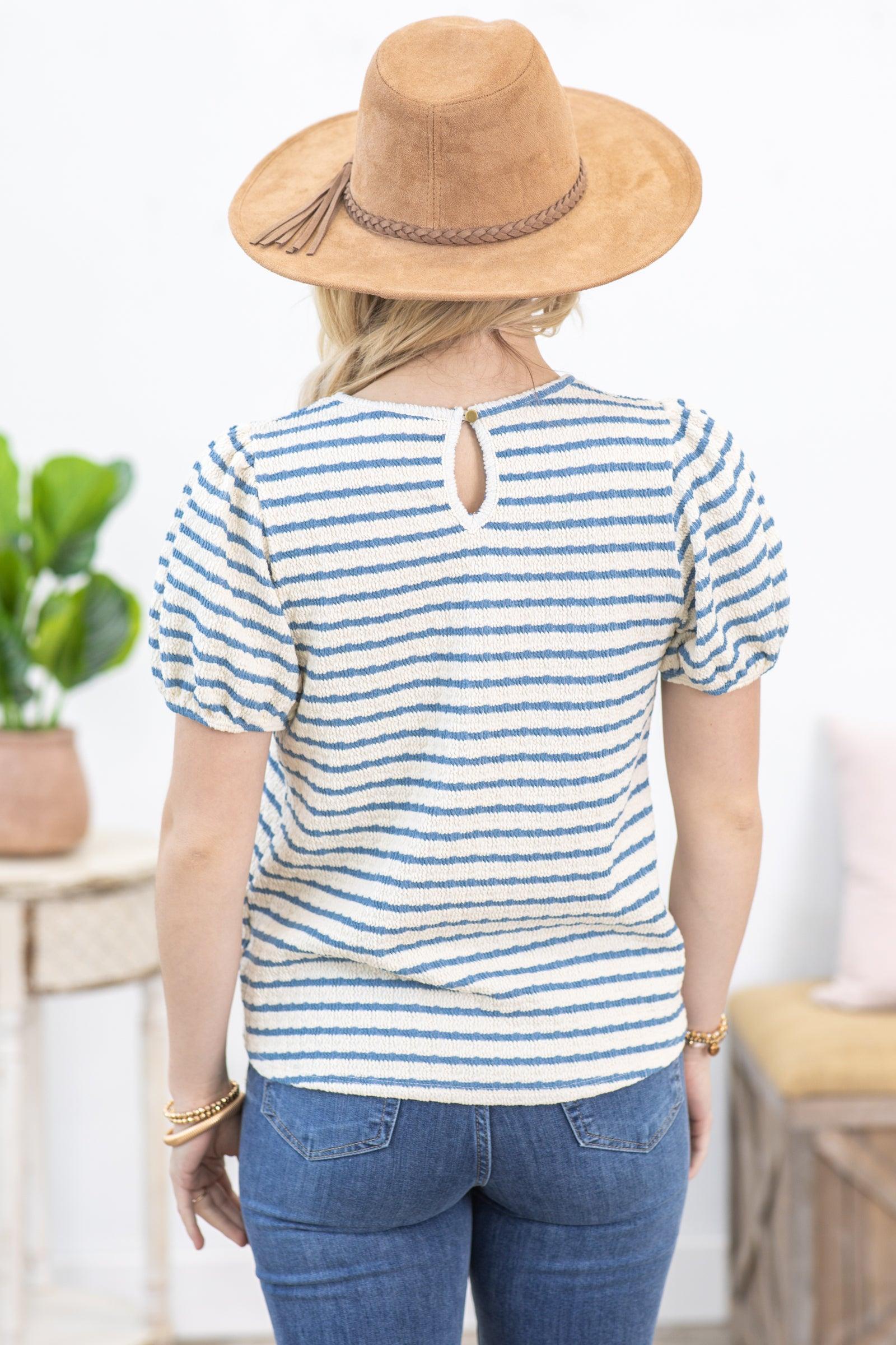 Dusty Blue And Beige Textured Stripe Knit Top Product Image