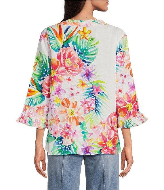 John Mark Floral Printed Split-V Neck 3/4 Ruffle Sleeve Top Product Image