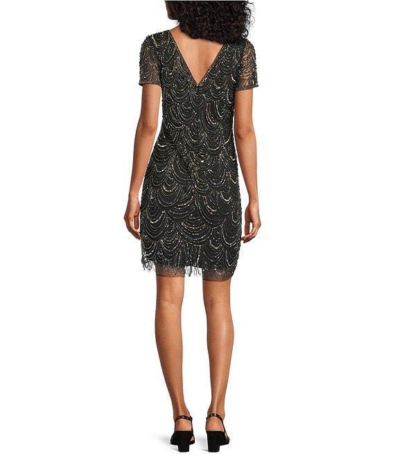 Pisarro Nights Petite Size Beaded Short Mesh Sheath Dress Product Image