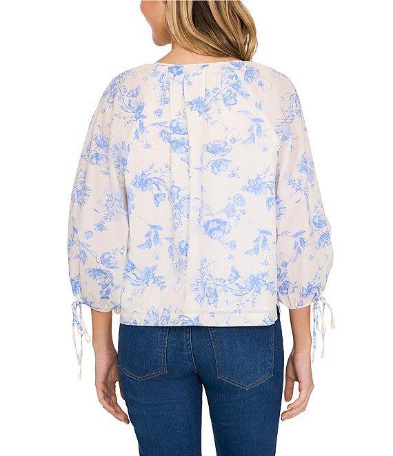 CeCe Woven Printed Round Neck Long Puff Sleeve Blouse Product Image