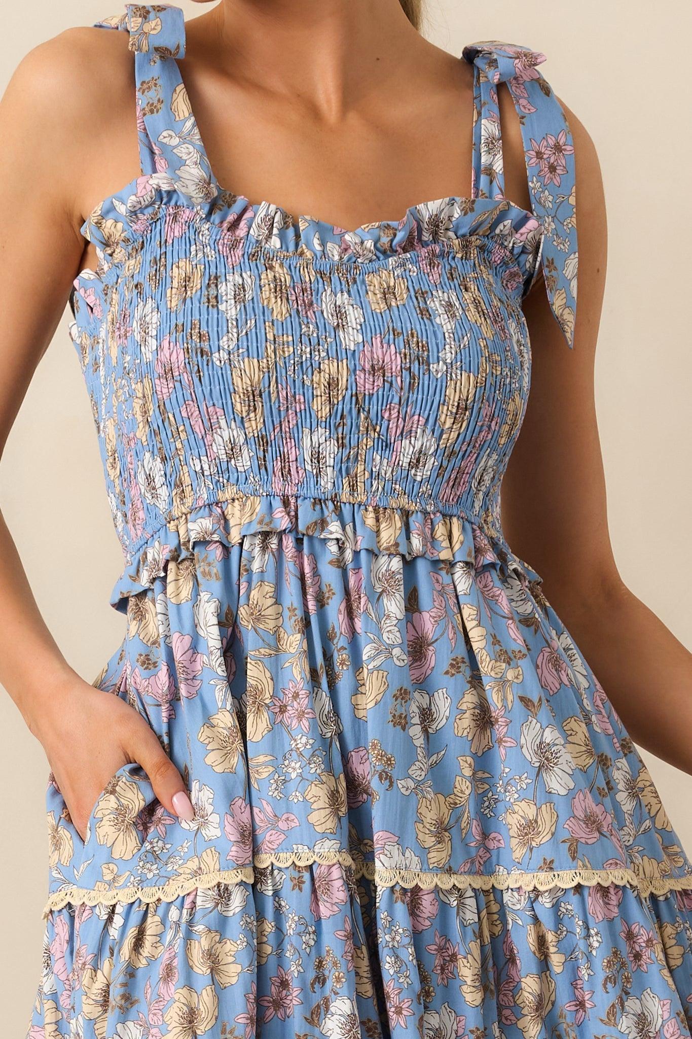 Living A Slow Life Cotton Ash Blue Floral Midi Dress Product Image
