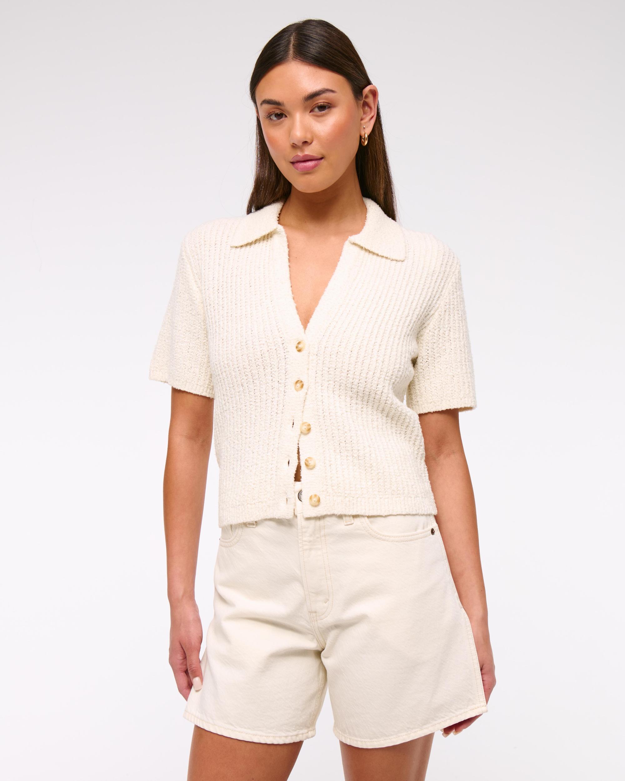 Short-Sleeve Crochet-Style Polo Product Image