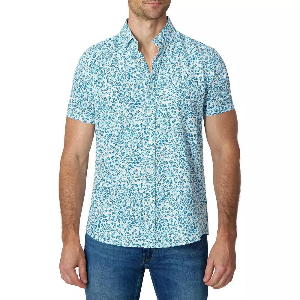 Men's Report Collection Short Sleeve Stretch Tropical Print Woven Button-Down Shirt, Size: Large, Blue Product Image