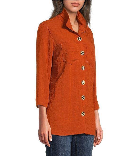 John Mark Solid Woven 3/4 Sleeve Wire Collared Button Front Patch Pocket Camp Shirt Product Image