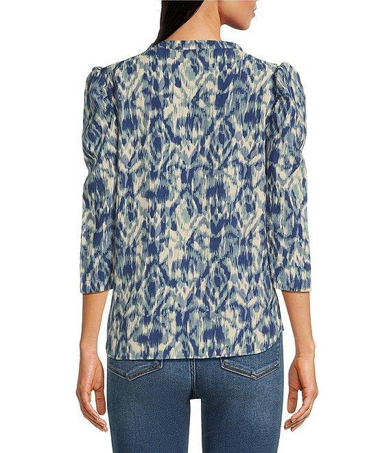 Bobeau Textured Woven Printed Crew Neck 3/4 Puff Sleeve Button Front Top Product Image