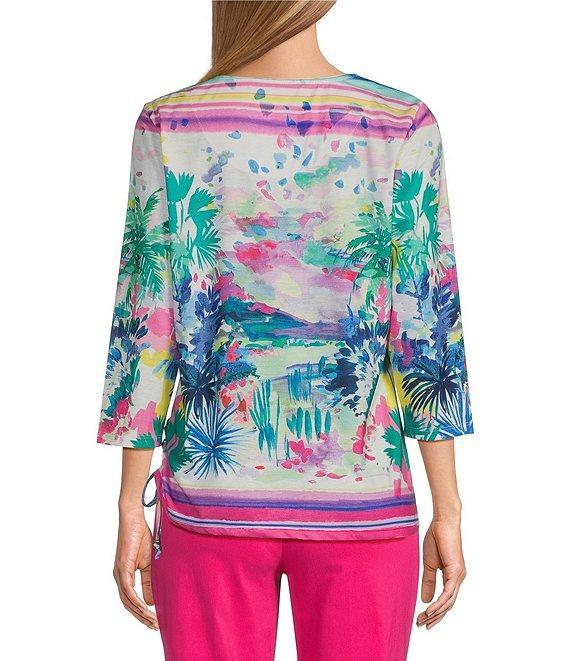 Allison Daley Embellished Watercolor Tropics Print 3/4 Sleeve Crew Neck Ruched Side Tie Hem Knit Top Product Image