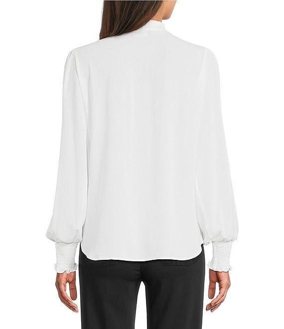 KARL LAGERFELD PARIS Round Neck Long Smocked Sleeve Button Front Blouse Product Image