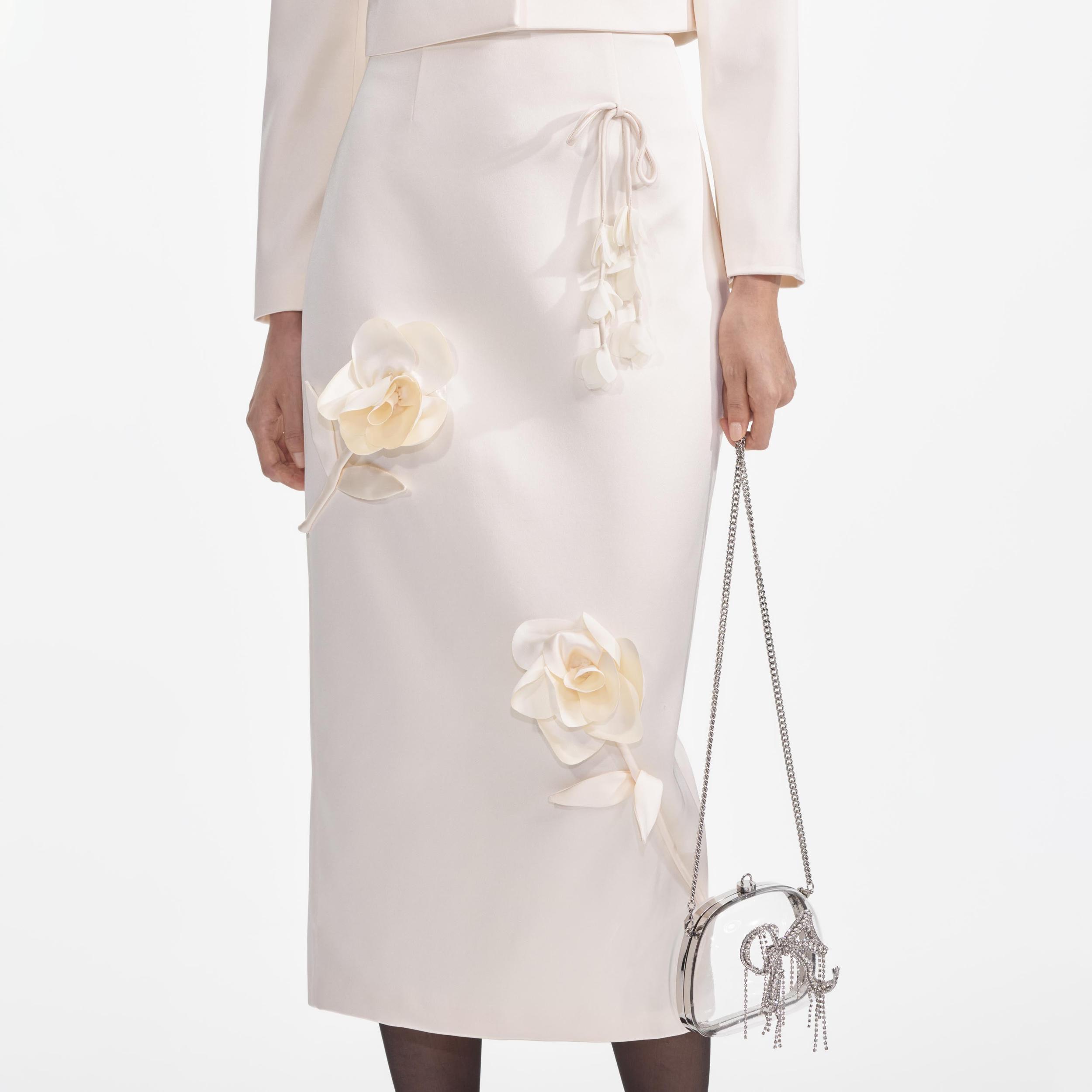 Cream 3D Flower Satin Midi Skirt Product Image