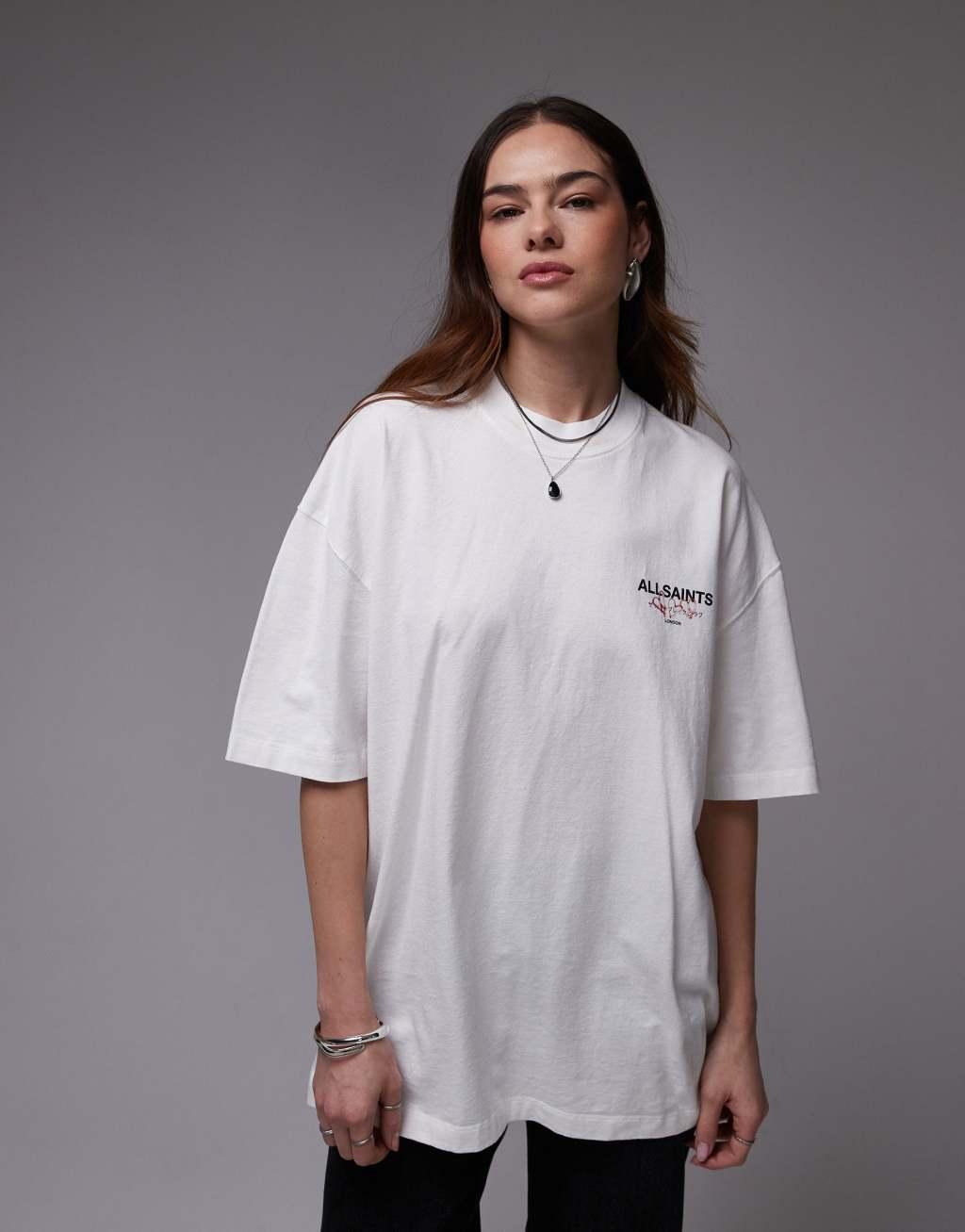 AllSaints Amore oversized back print t-shirt in white Product Image