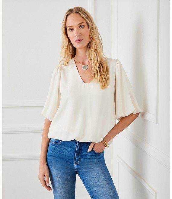 Karen Kane Silky Crepe V-Neck Short Puff Sleeve Top Product Image