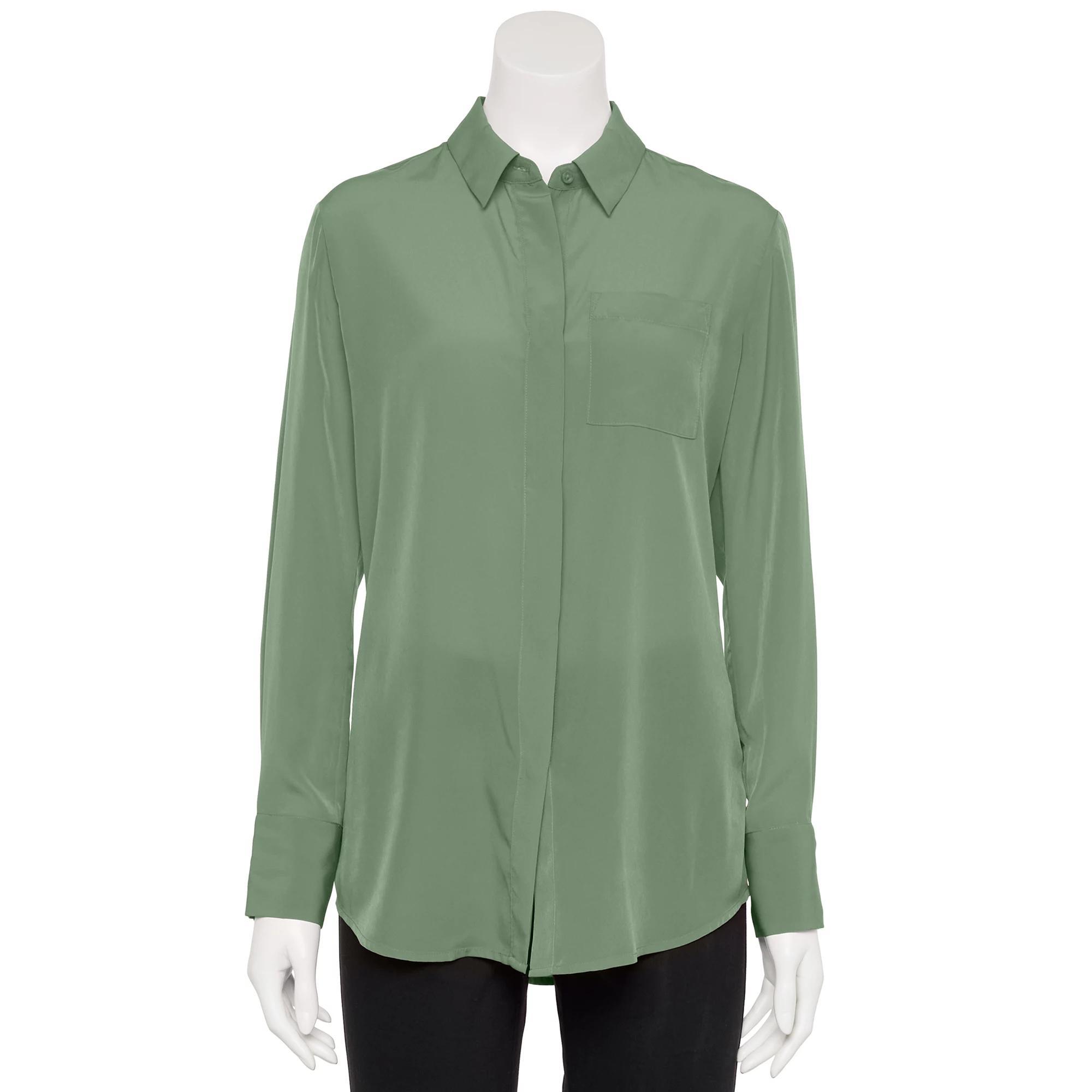 Women's Nine West Adaptive Magnetic Closure Drapey Satin Long Sleeve Shirt,  Product Image
