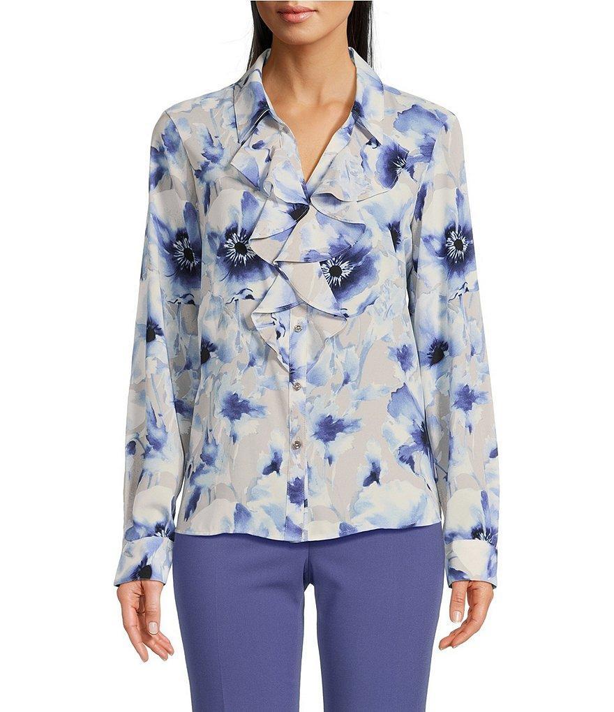Calvin Klein Printed Georgette Point Collar Long SLeeve Ruffle Front Blouse Product Image