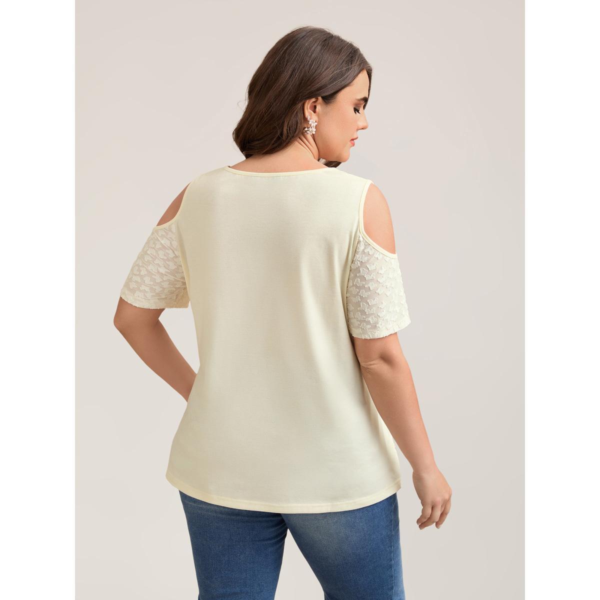 Plus Size Textured Off-Shoulder Lined T-Shirt Beige Women Elegant Texture Round Neck Everyday T-shirts BloomChic 28/5X Product Image