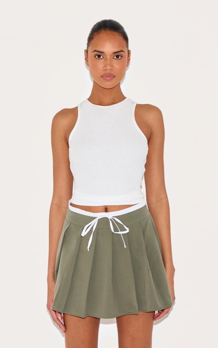  Khaki Drawstring Double Waistband Tailored Pleated Mini Skirt Product Image