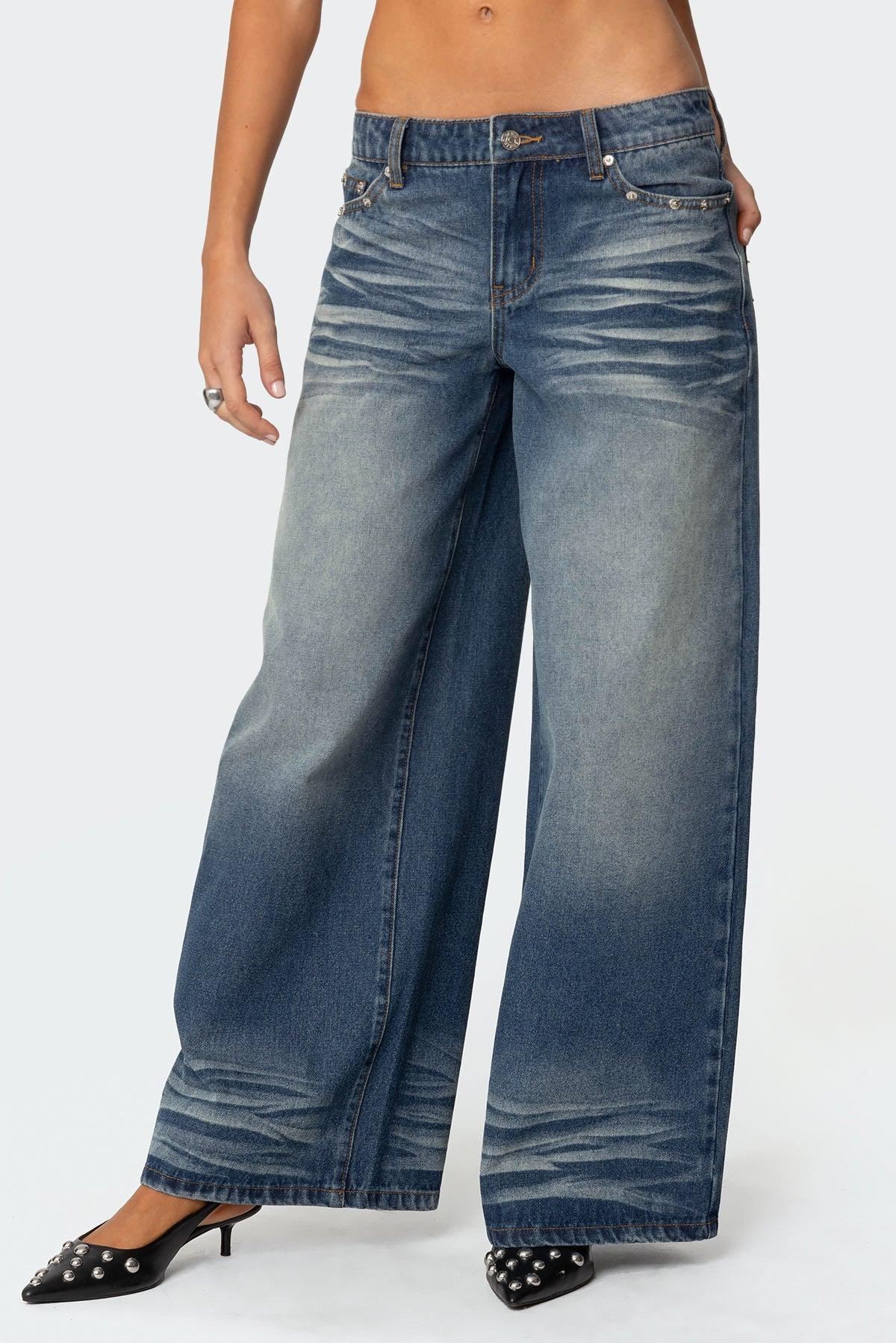 Faux Leather Pocket Low Rise Jeans Product Image