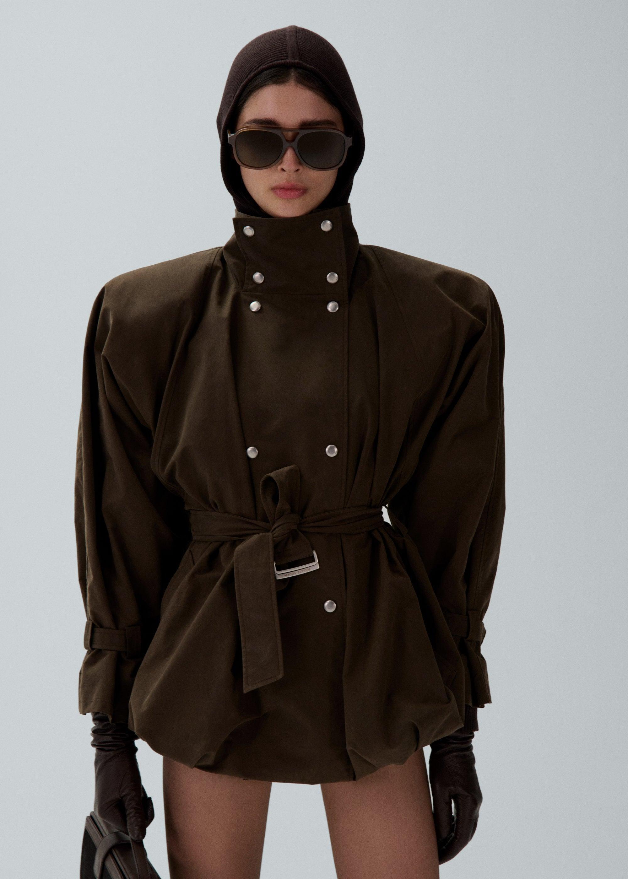 Cotton high collar trench jacket in brown Product Image