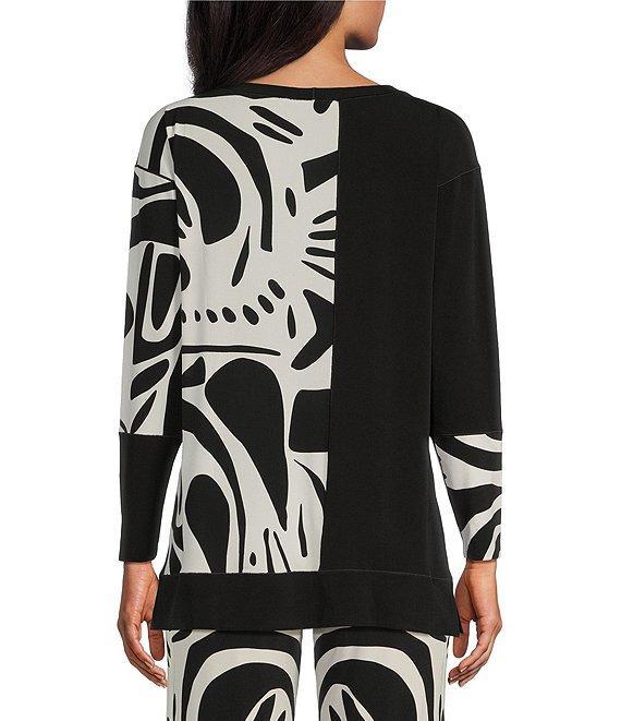 Eva Varro Abstract Print and Solid Combo Knit Jersey Boat Neck 3/4 Sleeve Tunic Product Image