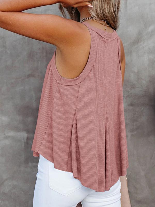 Loose Sleeveless Pleated Solid Color V-Neck Vest Top Product Image